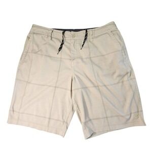 Hang Ten Hybrid Board Short sz 36 Men Beige Plaid Flat Front Swim Golf 11"
